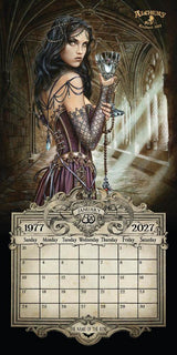 A vintage-style calendar page featuring a dark fantasy illustration of a woman in a purple corset dress holding a chalice in an arched stone corridor. The calendar grid is for January 2027