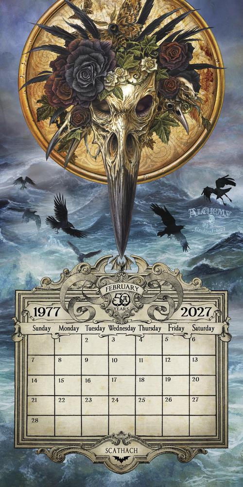 A gothic-themed calendar page featuring a large bird skull with dark roses and feathers, crows flying over a stormy sea, and a decorative calendar grid at the bottom for February 2027
