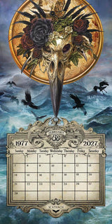 A gothic-themed calendar page featuring a large bird skull with dark roses and feathers, crows flying over a stormy sea, and a decorative calendar grid at the bottom for February 2027