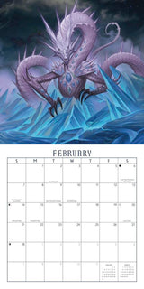 Calendar page for February with a dragon illustration on a dark background