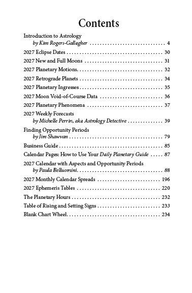 Table of contents for planetary planner