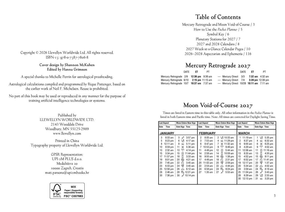 Table of contents page for a 2027 calendar with astrological information.