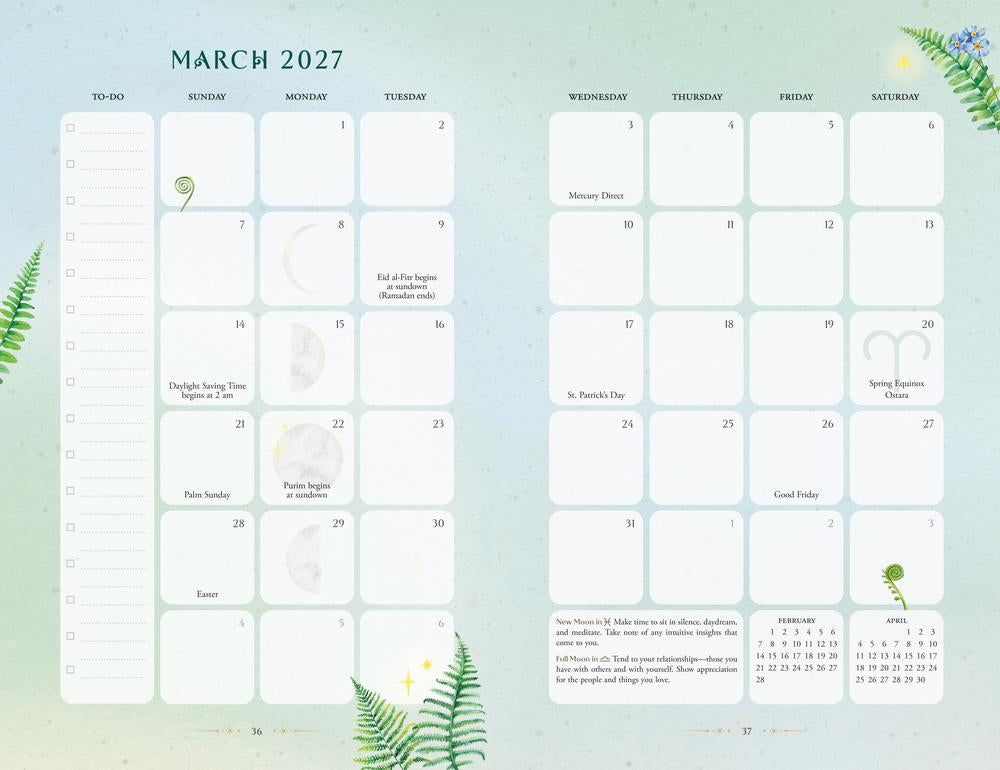 Calendar for March 2027 with plant-themed design on a light green background