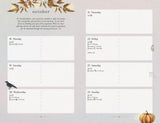 Calendar page for October with a bird and pumpkin illustration on a light gray background