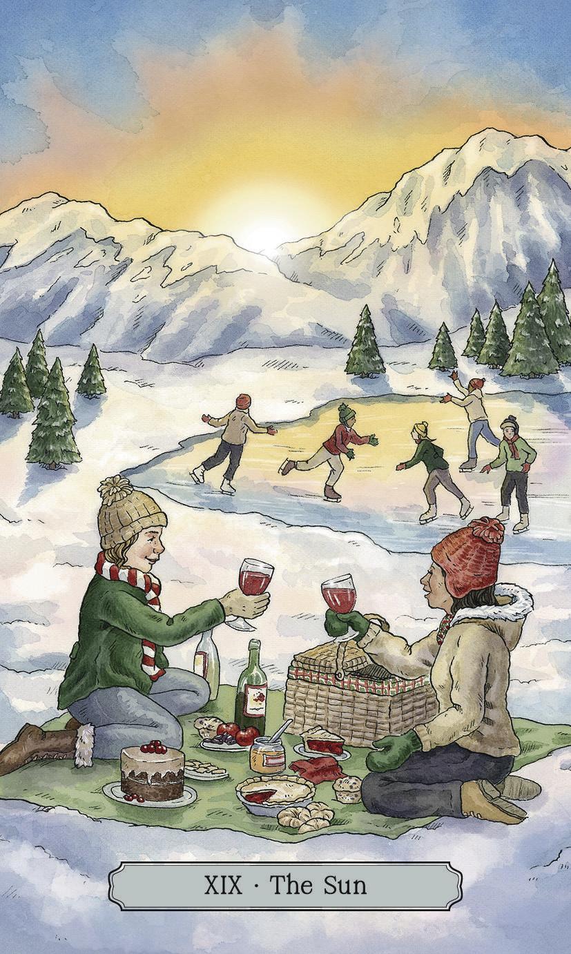 The Yuletide Tarot & Guidebook - The Sun card with ice skaters and picnickers