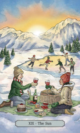 The Yuletide Tarot & Guidebook - The Sun card with ice skaters and picnickers