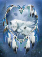 Jigsaw puzzle of feathered heart, Native American style, with two white wolves in the center and faint wolf eyes in the background