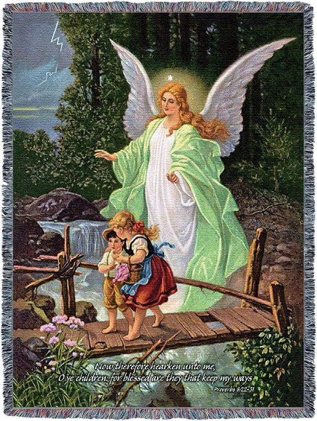 Tapestry blanket of angel in green and white shepherding two children across a bridge