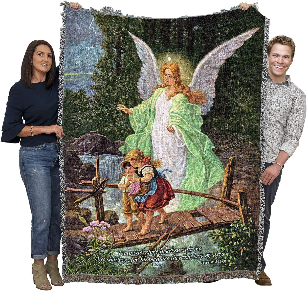 Tapestry blanket of angel in green and white shepherding two children across a bridge, held up by two adults