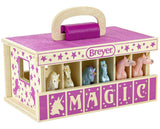 Breyer toy horse carrier with unicorn figurines, "MAGIC" written across the front, pink on wood