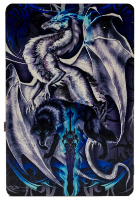Magnet by Ruth Thompson. Silver dragon, black wolf, glowing sword