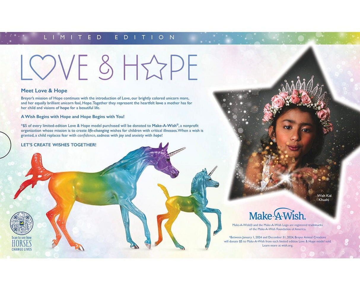 Box art for Breyer x Make-A-Wish limited edition 'Love & Hope' unicorn figurines with a girl in a tiara on a colorful background.