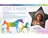Box art for Breyer x Make-A-Wish limited edition 'Love & Hope' unicorn figurines with a girl in a tiara on a colorful background.