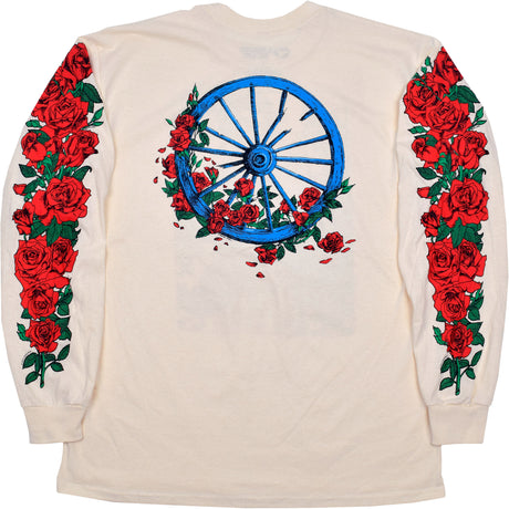 Long sleeved shirt, blue wheel on back, flowers also on arms