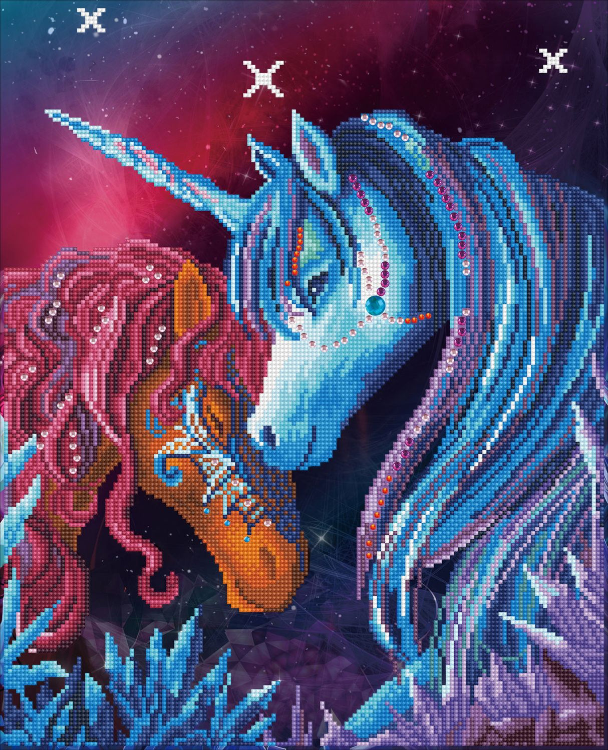 Diamond art painting of two colorful unicorns with crystals, art by Rose Cat Khan