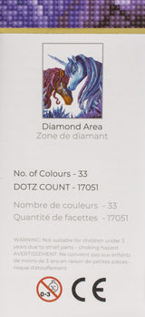 Product packaging with a unicorn design and text about diamond area and color count.
