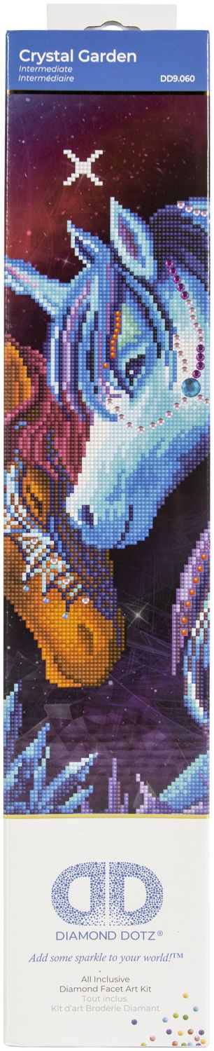 Diamond Dotz art kit featuring two colorful unicorns with crystals, art by Rose Cat Khan