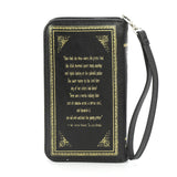 Black book-shaped wallet with gold text and design