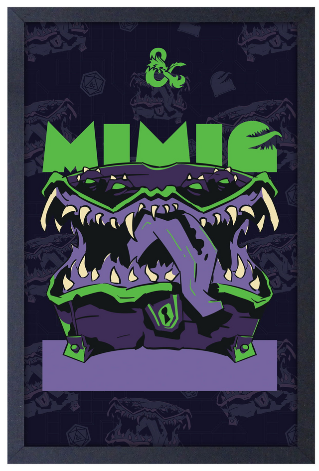 Art print of a Dungeons & Dragons mimic done in purple with green accents, D&D logo, dice in background