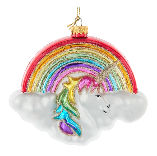 Glass ornament of unicorn head in front of rainbow and cloud with glitter