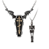 Pair of necklaces with winged coffin and skeleton that fits inside