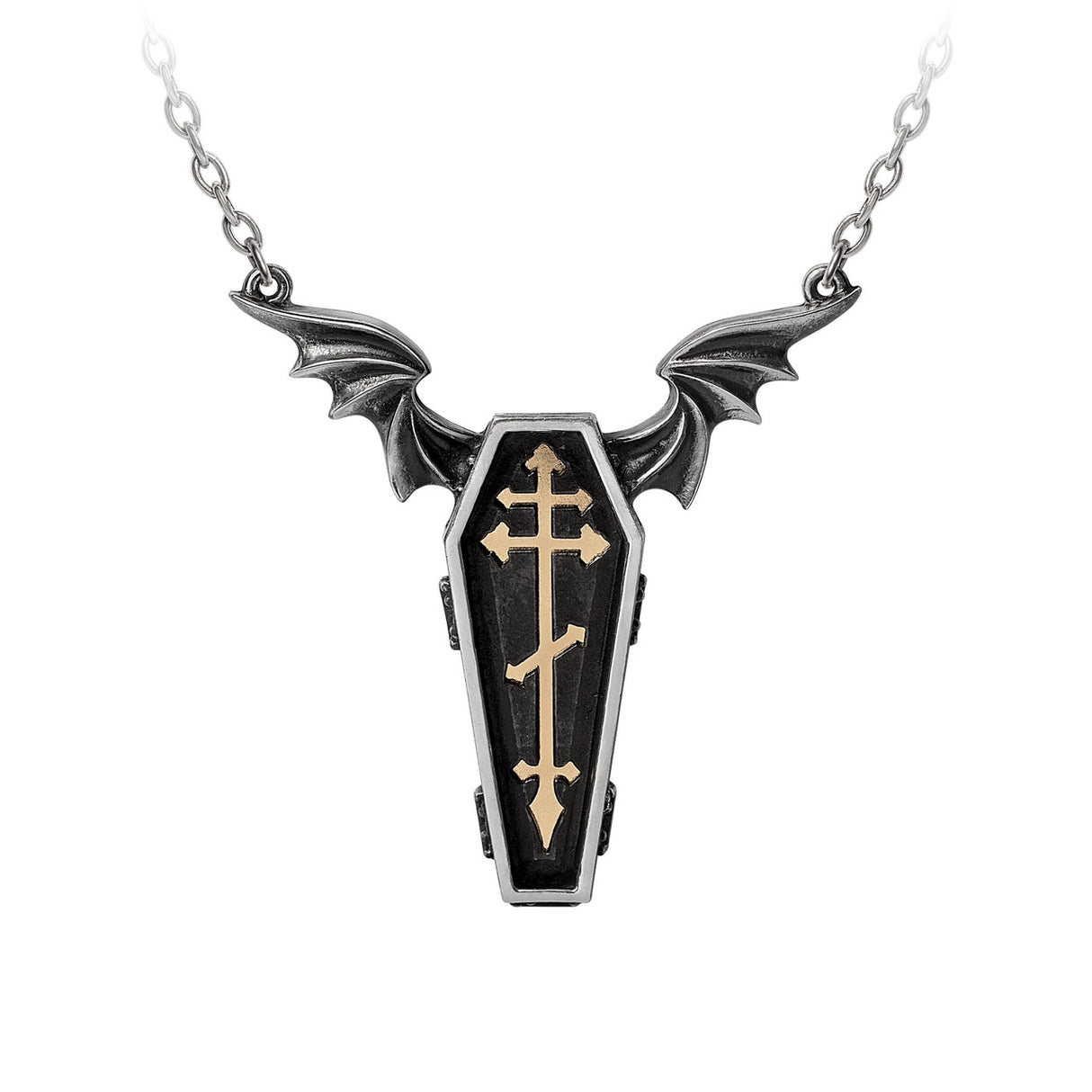 Pair of necklaces with winged coffin and skeleton that fits inside - front of coffin with cross design shown