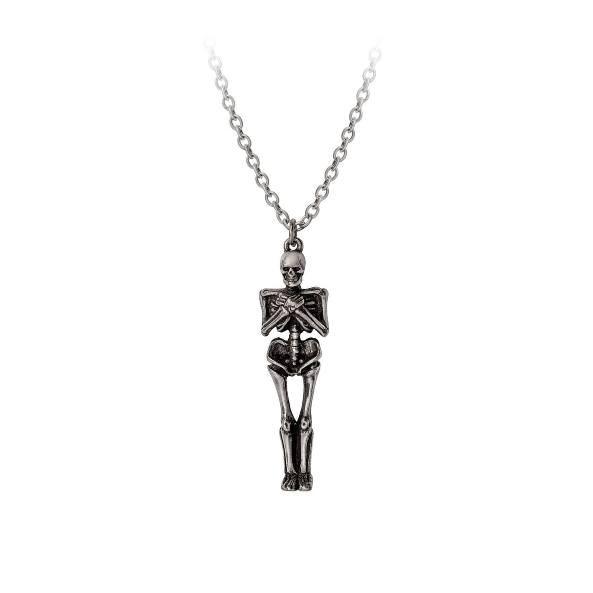 Pair of necklaces with winged coffin and skeleton that fits inside - skeleton shown with arms crossed