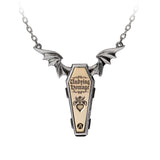 Pair of necklaces with winged coffin and skeleton that fits inside - back of coffin with "Undying Homage" written