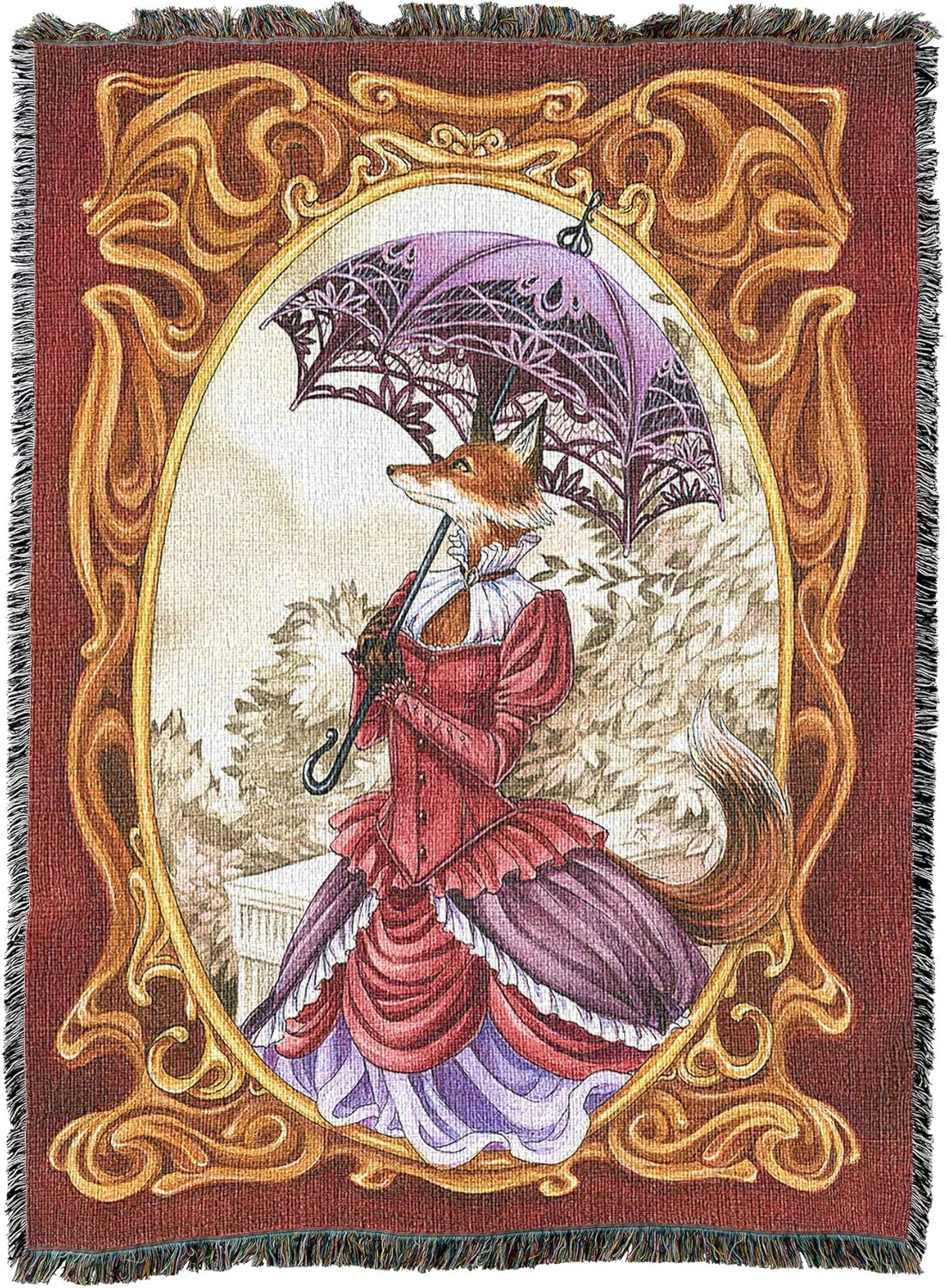 Tapestry blanket showing fox woman in Victorian dress with parasol