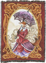 Tapestry blanket showing fox woman in Victorian dress with parasol