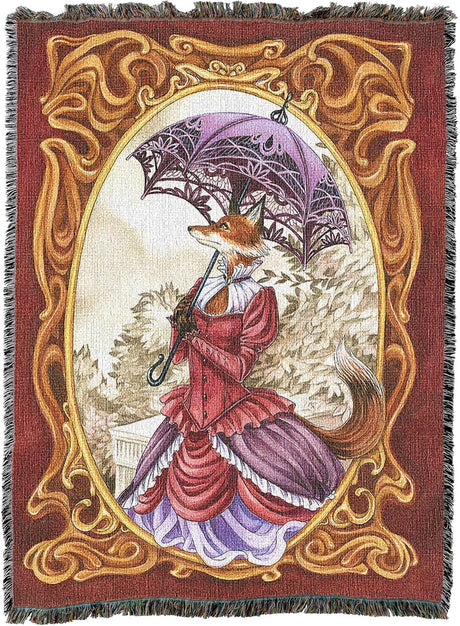 Tapestry blanket showing fox woman in Victorian dress with parasol