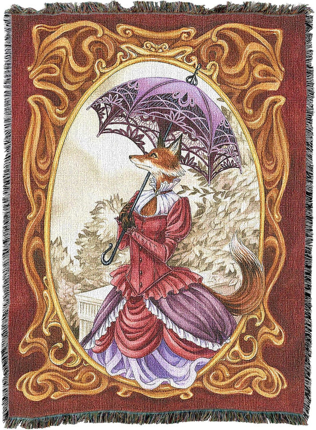 Tapestry blanket showing fox woman in Victorian dress with parasol