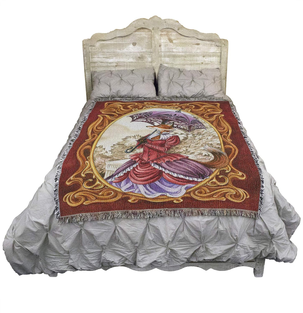 Tapestry blanket showing fox woman in Victorian dress with parasol, on bed