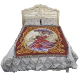 Tapestry blanket showing fox woman in Victorian dress with parasol, on bed