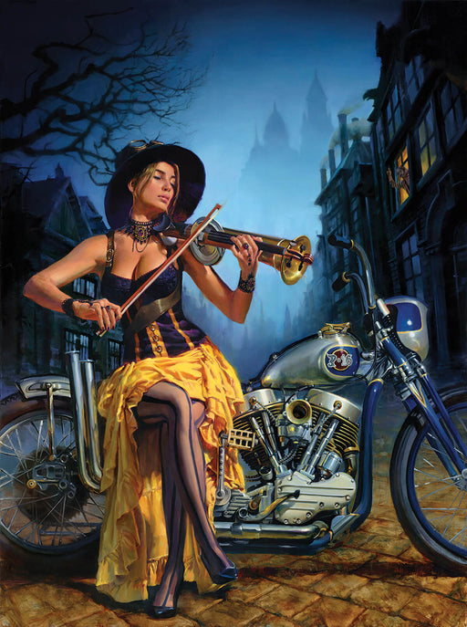 Jigsaw puzzle design with woman in corset and yellow skirt playing an instrument on a motorcycle