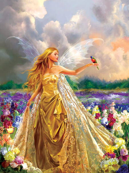 Finished jigsaw puzzle design of a fairy in a golden dress with a perched bird on her hand, standing in a field of colorful flowers under a cloudy sky