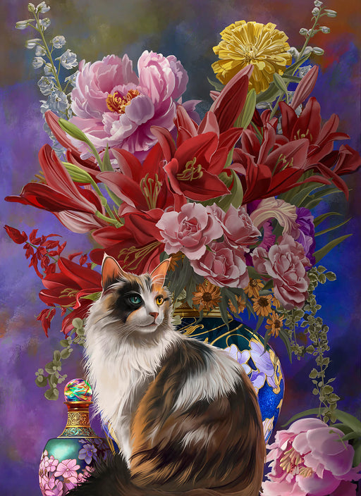 Finished jigsaw puzzle design of a calico cat sitting in front of an ornate vase of flowers, with another smaller vessel nearby