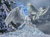 Jigsaw puzzle image by Nene Thomas showing white winged angel fairy with blue ice hair and a rabbit and snowy owl, in a winter landscape