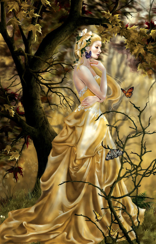 Jigsaw puzzle design of woman in gold in a forest with butterflies
