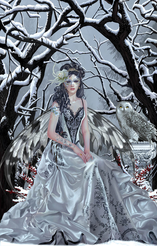 Puzzle of fairy in white with black hair in the snowy winter forest with an owl