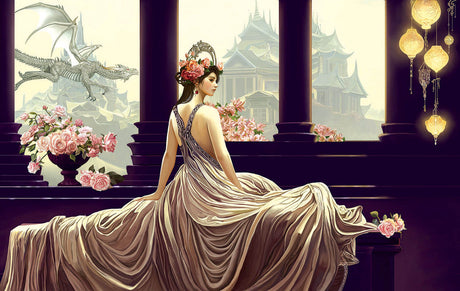 Jigsaw puzzle image of a princess in a pale gown with pink roses. A dragon flies by outside the window