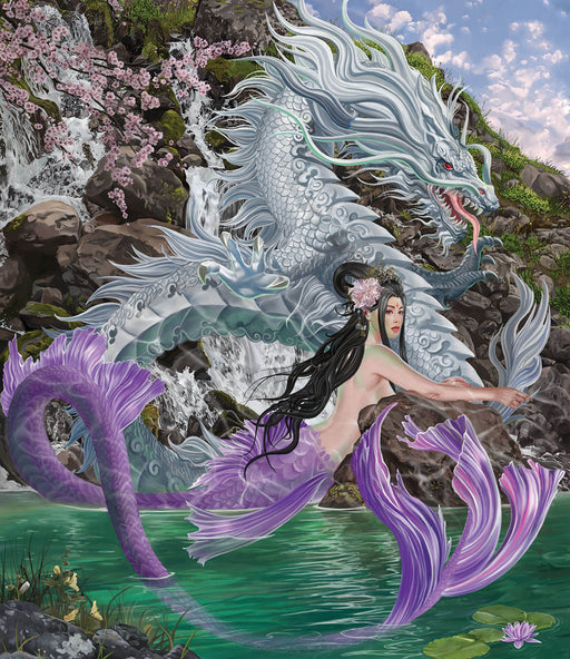 Jigsaw puzzle image showing purple finned mermaid with black hair swimming in green water with a silver dragon next to a mountainside with cherry blossoms