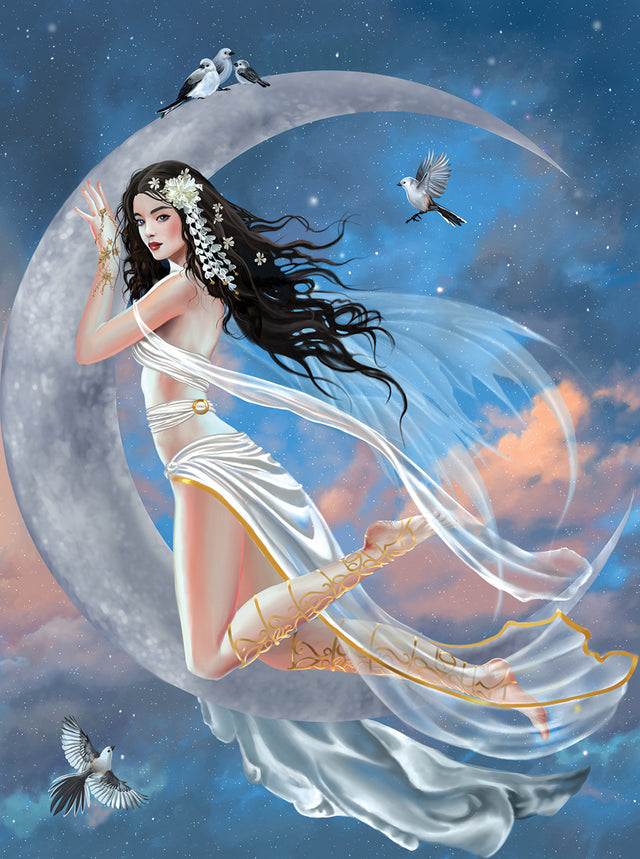 Jigsaw puzzle artwork of woman with black hair and white dress clinging to a silver crescent moon with birds around her, art by Nene Thomas