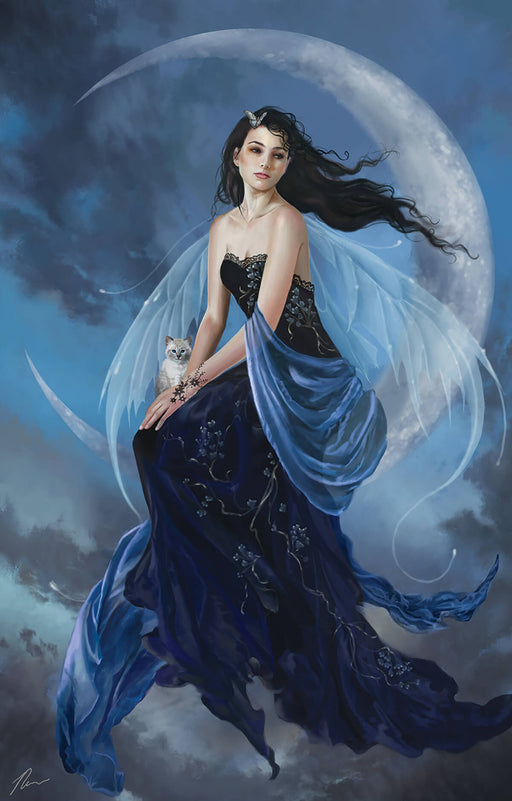 Puzzle design by Nene Thomas, black haired fairy in blue with kitten on a crescent moon in the twilight sky