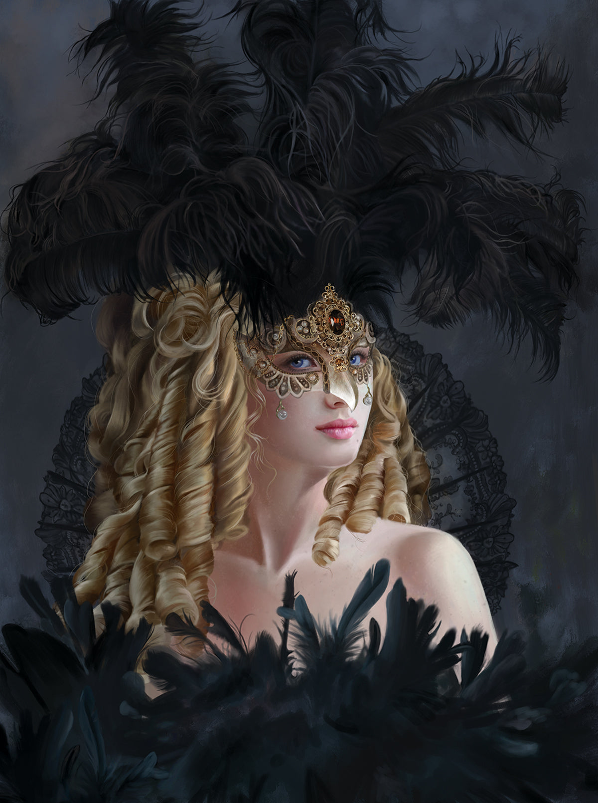Jigsaw puzzle artwork of a blond woman wearing a decorative masquerade mask with black feathers against a dark background