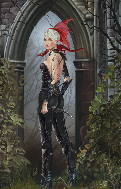 Woman in skin tight black clothing holding a dagger stares back from a stone archway in the forest. She has pale hair and a red dragon on her shoulder, with a black dragon tattoo on her other arm