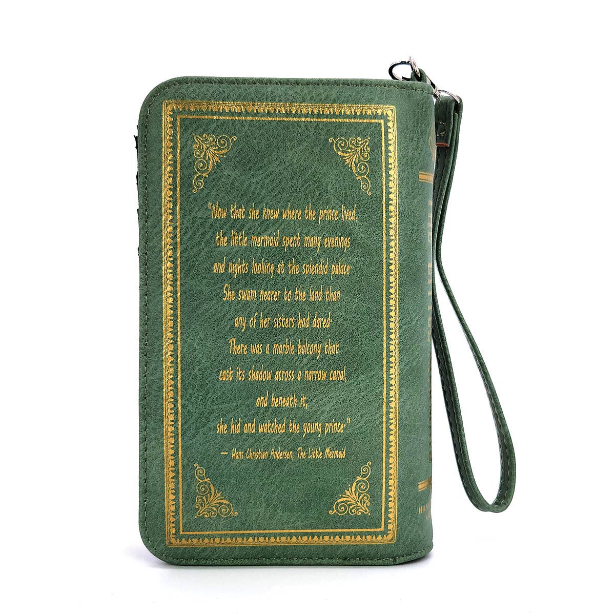 Green book-shaped pouch with gold text and decorative elements
