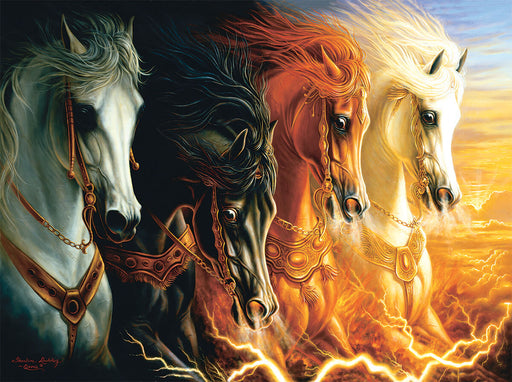 Jigsaw puzzle design showing four different color horses (Gray, black, chestnut and white) racing through the clouds, with lightning