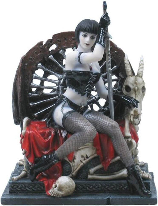 Figurine of a pale woman with black hair, outfit and fishnets sitting on a throne of skulls and red fabric, holding a sword