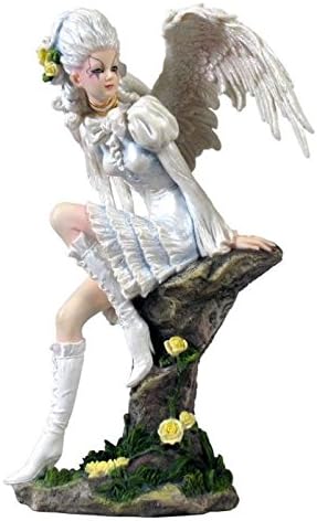 Victorian gothic angel in white ruffled dress with updo hair and makeup and tall boots, perched on rock with yellow roses